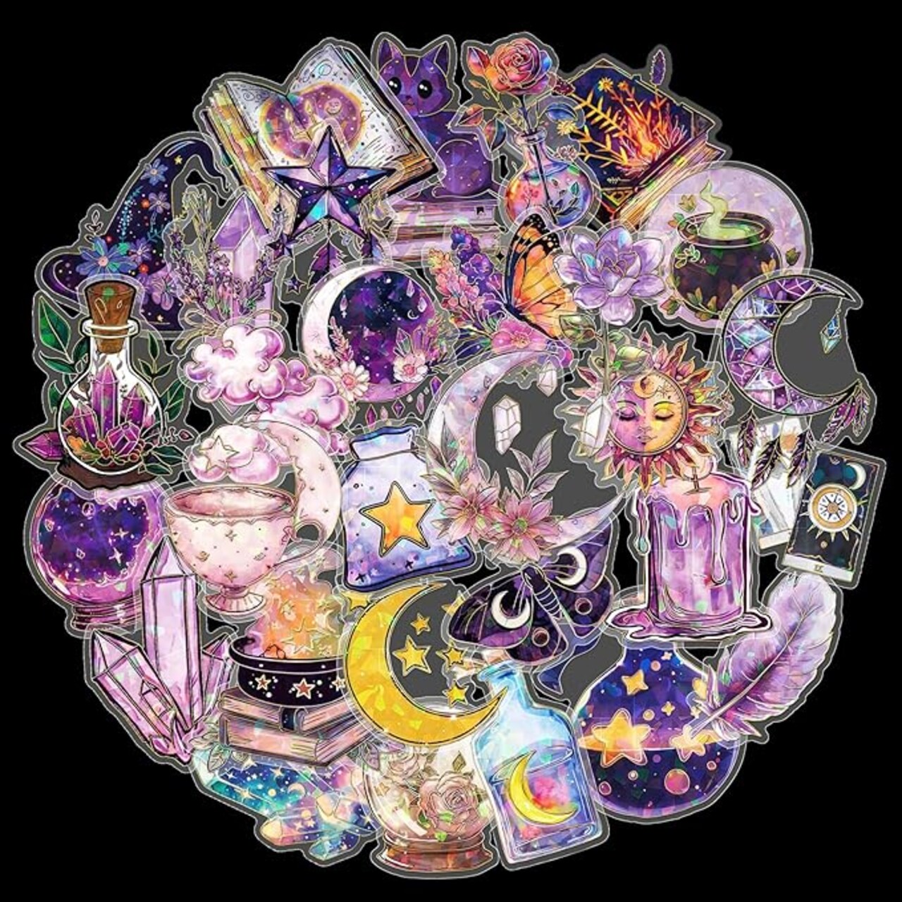 Holographic Gold Foil Magic Witch Astrology Stickers – 30 Pcs Transparent Witchy Stickers for Scrapbooks, Journals, Stationery, and Notebooks
